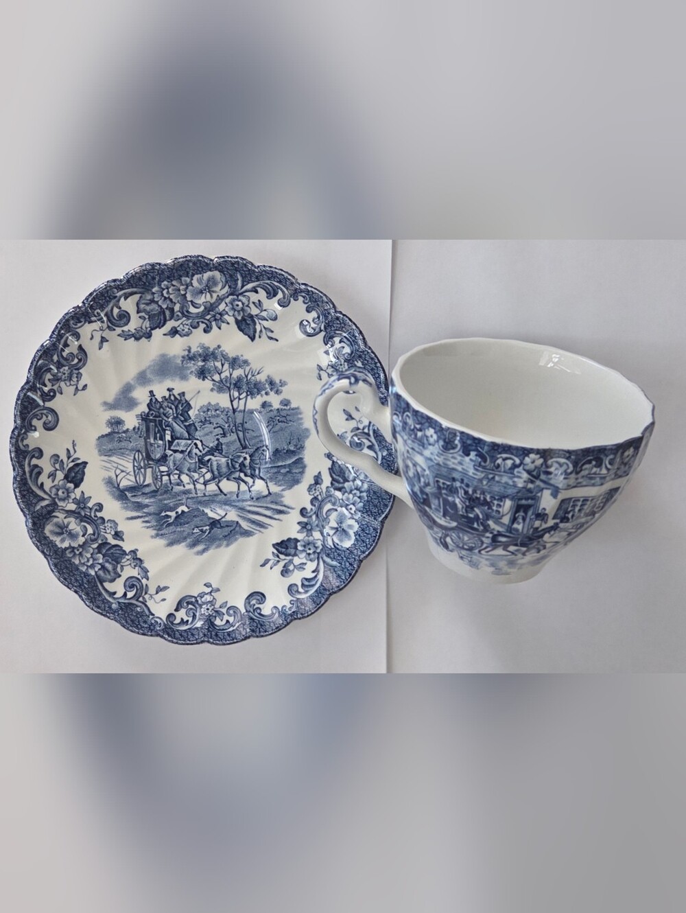 Blue & White Transferware Cup & Saucer, Hunting Country, Johnson Bros Ironstone